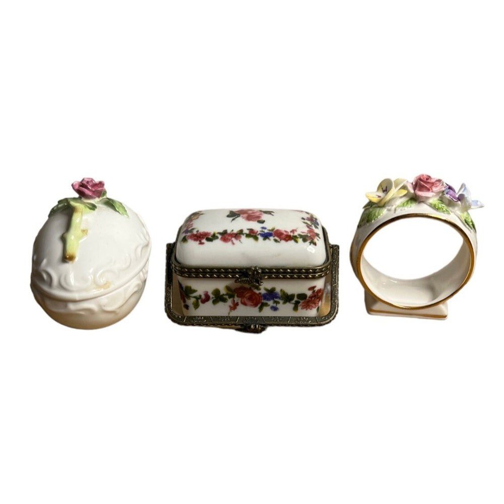 Lot Of 3 Porcelain Trinket Box, Egg Shape Box & Royal Adderley Napkin Holder.